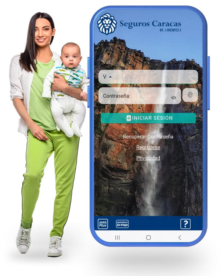 Imagen de mujer sosteniendo a un beb&eacute; junto con una ilustraci&oacute;n de un tel&eacute;fono mostrando el inicio de la aplicaci&oacute;n de Seguros Caracas en referencia a la aplicaci&oacute;n de Seguros Caracas